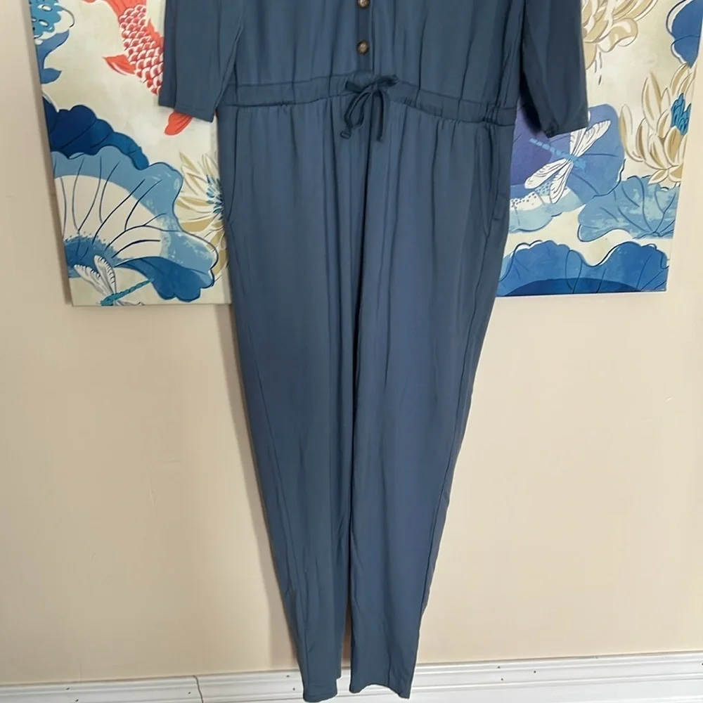 Garnet Hill Relaxed Fit French Terry Ankle Length V-neck Jumpsuit in Blue - M - Picture 5 of 9